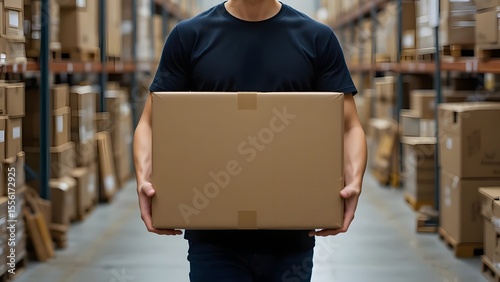 Warehouse Worker Carrying Cardboard Box in Industrial Setting
