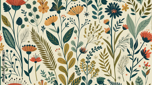 Flat design floral pattern with orange blue and green botanical elements nature flowers