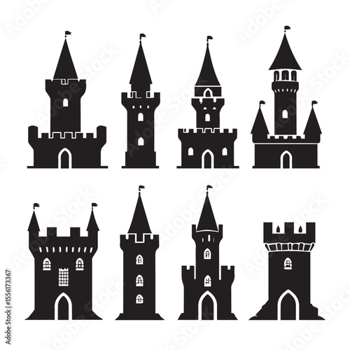 Collection of eight distinct black silhouette castle towers with flags and crenellations on a white background