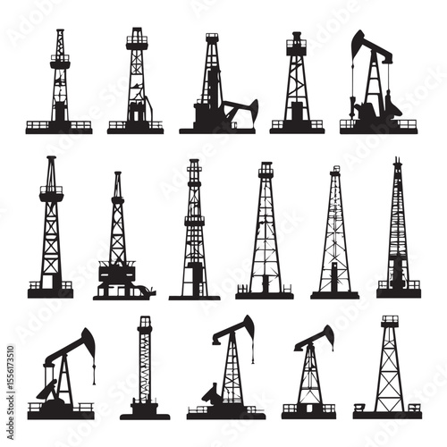 Collection of black silhouette oil drilling rigs and pumpjacks on a white background representing the energy industry