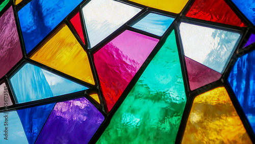 A stained glass window featuring bold colors with bright geometric shapes, artistically depicting the sky and clouds in intricate designs and luminous colors.