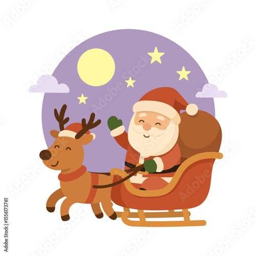 Santa in sleigh flying with reindeer in night sky. This Santa in sleigh image captures the magic of Christmas night.