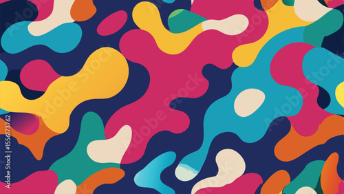 Abstract organic shapes in vibrant pink yellow blue and teal on dark blue background