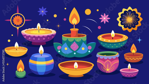 Vector art of brightly colored candles and diyas create a festive atmosphere, symbolizing the joy of diwali