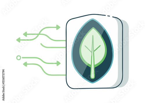 Smart thermostat with leaf-shaped screen and energy flow lines, concept of eco-control technology
