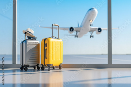 Vivid travel scene featuring colorful suitcases near a terminal window with a visible airplane departing, symbolizing exploration, adventure, vacations, or business journeys around the globe.
