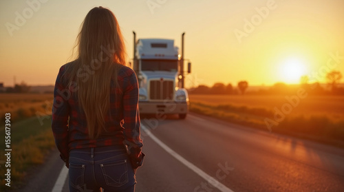 female trucker standing on a rural road looking at her truck during sunset, long shadows, peaceful mood, flannel shirt and jeans, empowering image