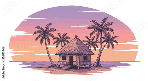 Tropical paradise vector illustration of sunset beach hut in flat style for summer vacation design