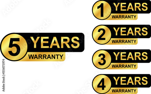 Set of black and gold warranty labels for 1 to 5 years in bold style for product protection tags	