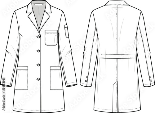 Long lab coat flat sketch with front and back view, button-down design, pocket details, technical fashion drawing vector template