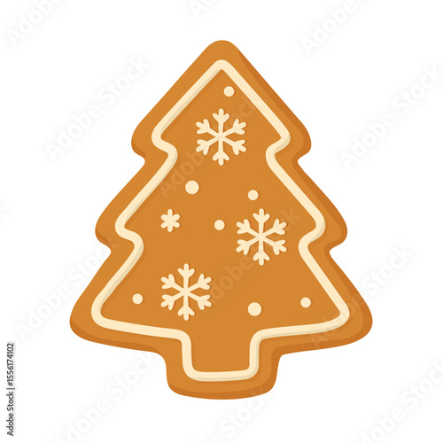 Gingerbread tree cookie with snowflake icing brings festive spirit. This gingerbread tree cookie is ideal for winter projects 