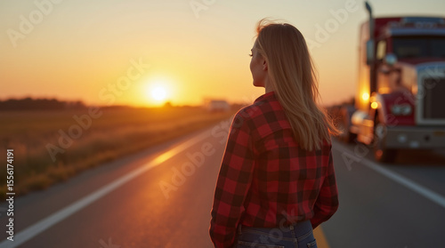 female trucker standing on a rural road looking at her truck during sunset, long shadows, peaceful mood, flannel shirt and jeans, empowering image