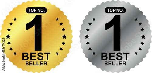 Gold and silver top no.1 best seller badges with star border and bold text for product ranking labels	