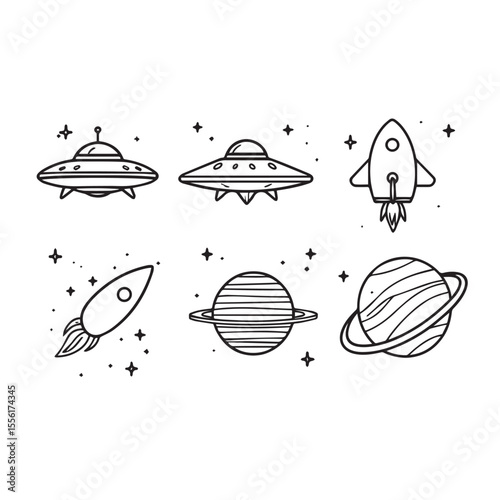 Collection of simple black and white line art icons featuring spaceships planets and stars for cosmic exploration and science fiction themes