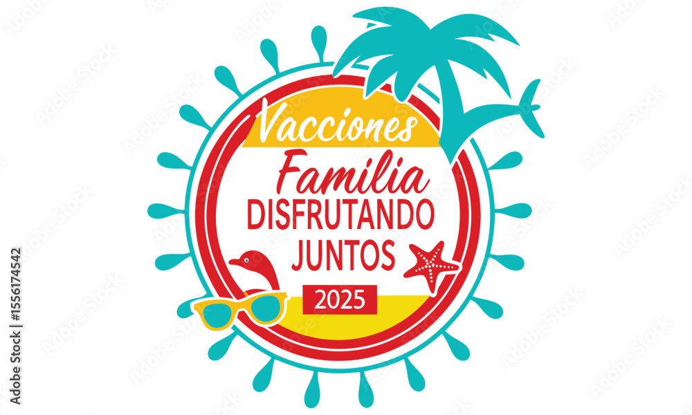 Family vacation enjoying together 2025 with palm tree sunglasses and starfish on a sunny beach theme