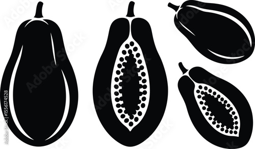 Black and white papaya graphic illustration showing whole and cut papayas
