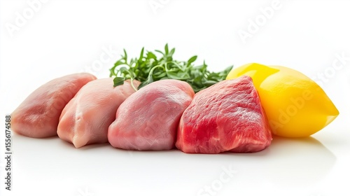 A variety of fresh meats, including tender steaks and juicy chicken breasts isolated on white background
