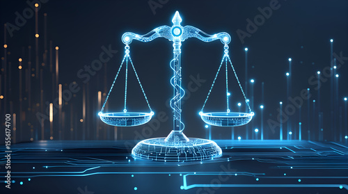 Futuristic Scales of Justice Made of Glowing Circuit Lines on Dark Background