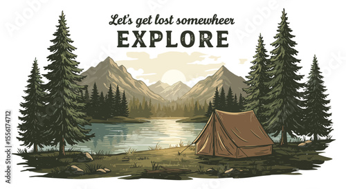 Camping adventure vector illustration for design poster with scenic nature landscape and inspirational text