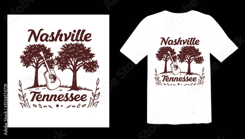 
Nashville Tennessee Music City T-Shirt Design with Guitar and Trees