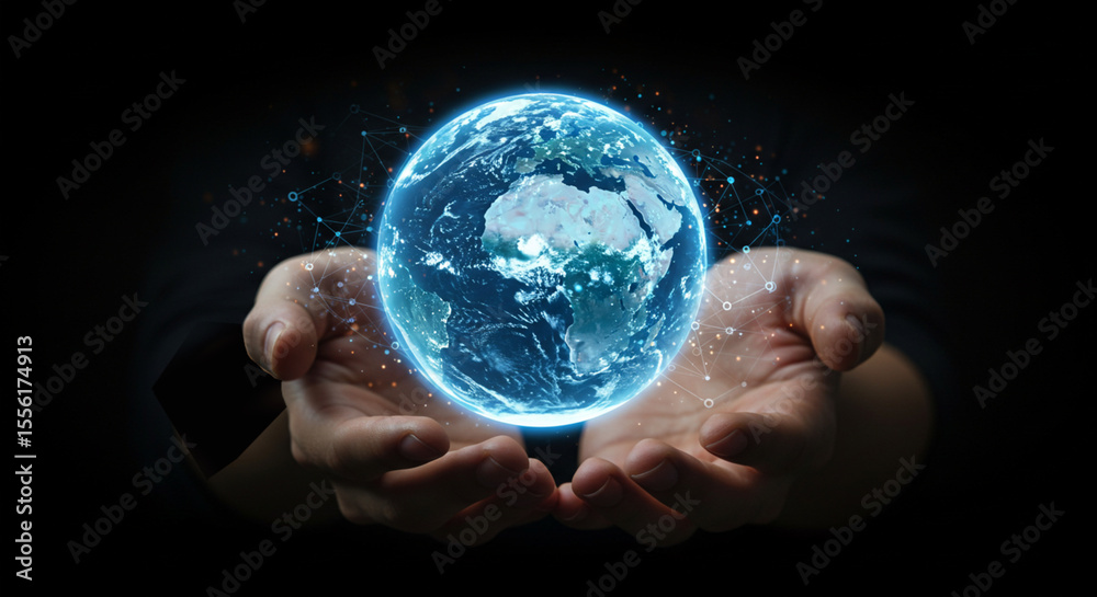 Hands Protecting Glowing Digital Earth Globe with Network Connections on Dark Background
Hands Protecting Glowing Digital Earth Globe with Network Connections on Dark Background