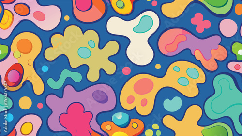 Abstract organic shapes and blobs in vibrant colors on blue background amoeba cell