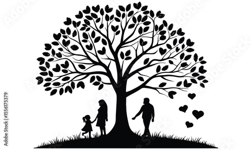 Silhouette of a family with a mother holding her daughter s hand under a large tree with heart shaped leaves and floating hearts symbolizing love and togetherness