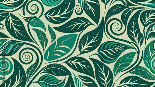 Teal and cream abstract swirling leaves pattern background foliage