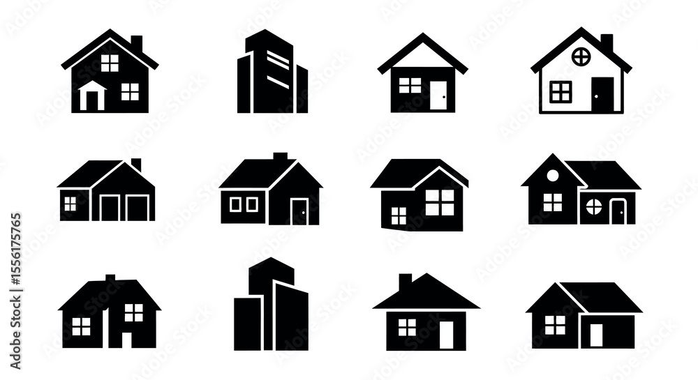 Fototapeta premium Home and building silhouettes: vector illustration for real estate design in flat style