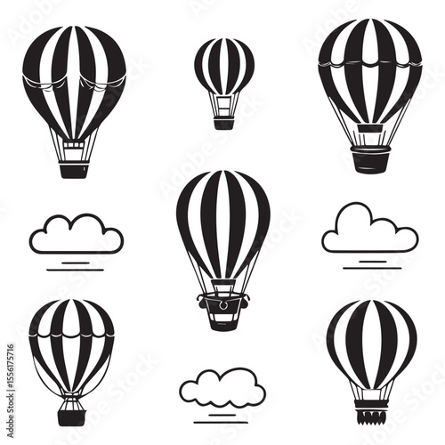 Collection of black and white hot air balloon illustrations with simple cloud icons on a white background