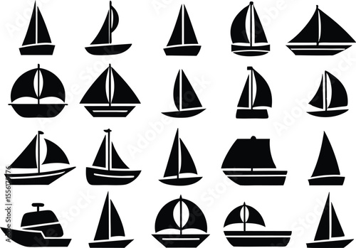 Set of sailboat silhouettes in various designs, styles, and side/front views
