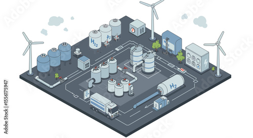 Isometric vector illustration of hydrogen production facility with wind turbines for renewable energy concept