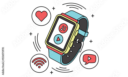 Modern smartwatch with icons for health music and connectivity representing digital lifestyle and technology in a clean flat design with vibrant colors