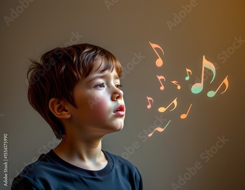 boy with musical notes swirling, expressing sadness through sound, music therapy context, concept photo, warm side light