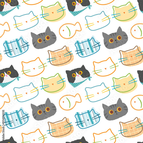 Seamless Pattern with Cartoon Cat Face Design on White Background. Hand Drawn Vector Illustration. Not AI Generated.