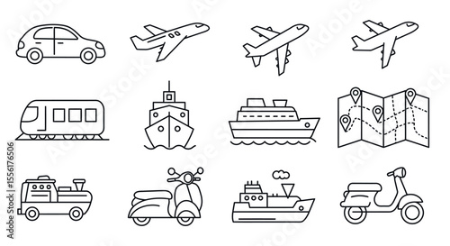 Transportation icons line vector illustration for travel guide design