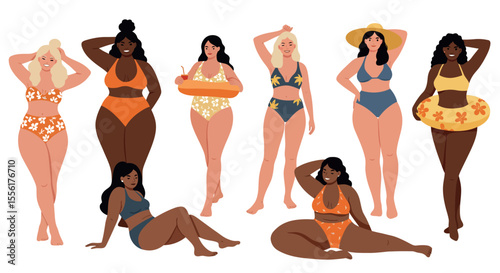 Summer beach fun diversity vector illustration for swimwear fashion design in flat style