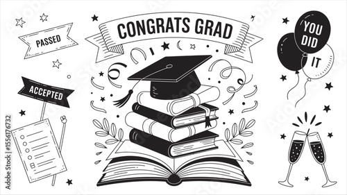 Festive Graduation Vector Pack Including Diplomas and Balloons