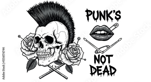 Punk's not dead vector illustration: bold skull and roses design for t-shirts and posters in hand drawn style