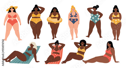 Summer beach day vector illustration with diverse women in swimwear for card, poster design in flat style