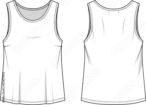 Tank top front and back flat sketch, technical vector fashion drawing, sleeveless shirt template design, cad apparel illustration.