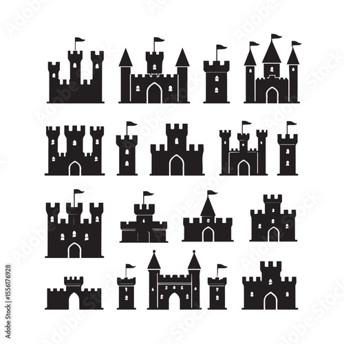 Collection of various black silhouette castle icons with flags and crenellated towers against a white background