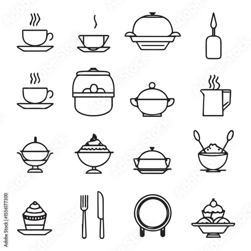 Collection of simple line art icons representing various food and drink items including cups of coffee serving dishes cutlery and desserts