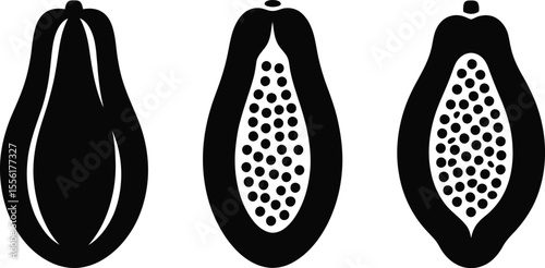 Three papaya fruit illustrations in black and white showing cut variations