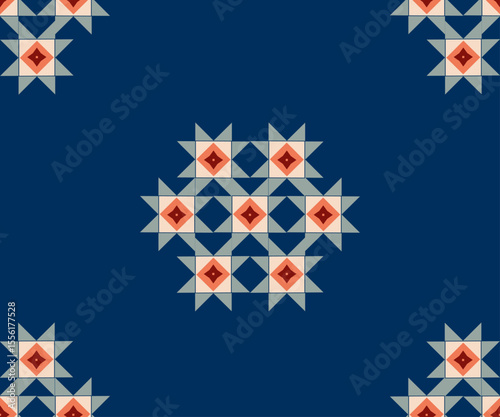 Star-like flower motif on a deep navy background. Elegant and subtle tribal design perfect for fabric and packaging.

