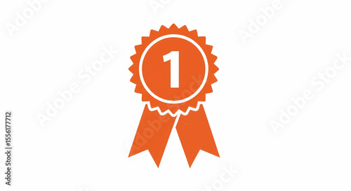 This high-quality vector graphic features a vibrant orange first-place award ribbon with a jagged medallion showing number "1" and hanging ribbons, emphasizing achievement and clean design.