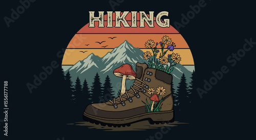 Vintage hiking adventure vector illustration for poster design