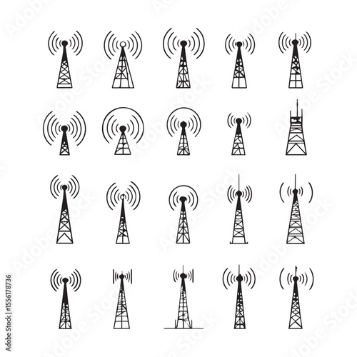 Collection of stylized black and white communication tower icons with radiating signal waves against a clean white background
