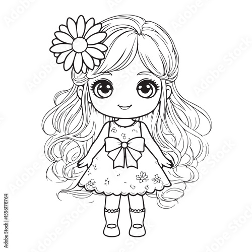 Charming black and white illustration of a cute cartoon girl with long curly hair adorned with a daisy flower and wearing a dress with a bow