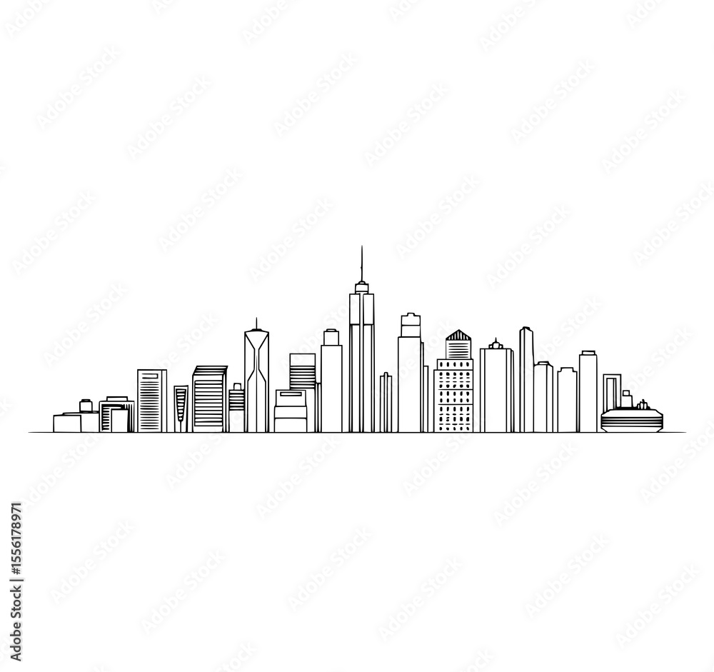 Obraz premium NYC Skyline Line Art: A minimalist black and white illustration depicts the iconic New York City skyline, showcasing its famous skyscrapers and cityscape.